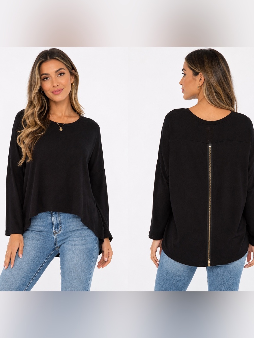 Lulus Black High-Low Zip Back Long Sleeve Top Size Medium